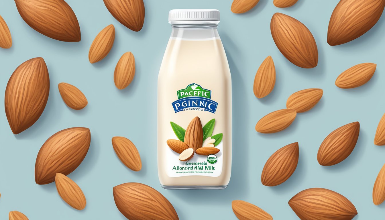 A glass of almond milk surrounded by almonds and a carton of Pacific Foods organic unsweetened almond milk