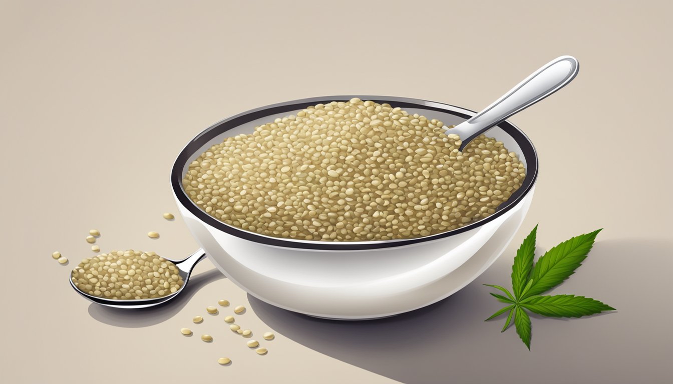 A bowl of raw shelled Nutiva organic hemp seeds with a spoon beside it