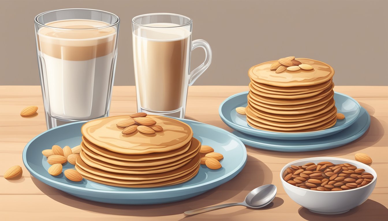 A glass of almond milk sits next to a bowl of cereal, a stack of pancakes, and a cup of coffee on a breakfast table