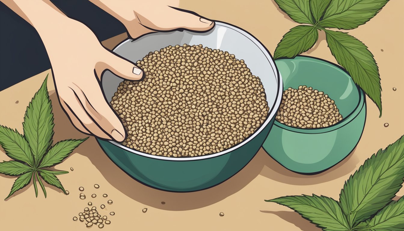 A hand reaching into a bag of Nutiva organic hemp seeds, pouring them into a bowl