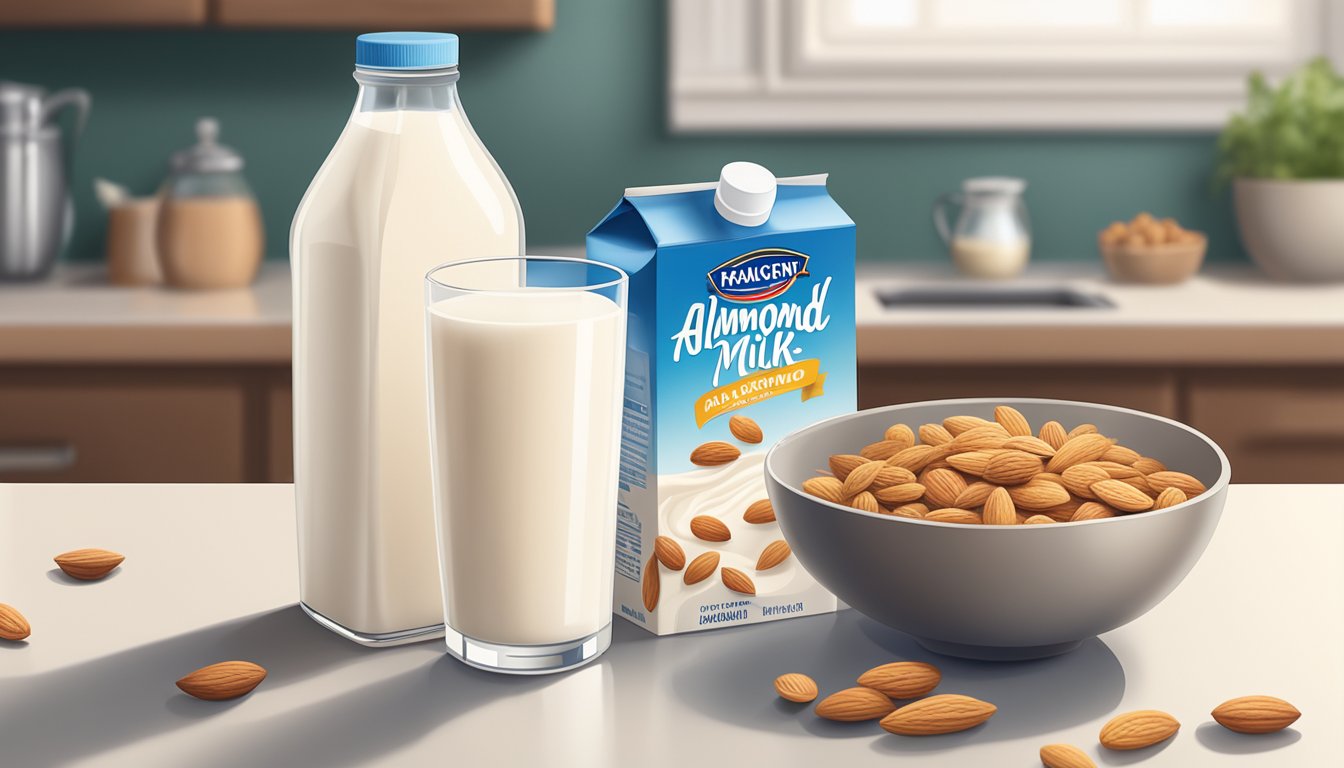 A glass of almond milk sits next to a bowl of cereal and a carton of almond milk on a kitchen counter