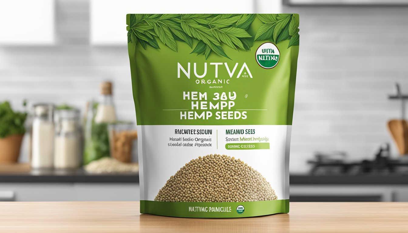 A bag of Nutiva organic hemp seeds sits on a clean, modern kitchen countertop, with a scattering of seeds around it. The packaging is bright and eye-catching, with the product name clearly visible