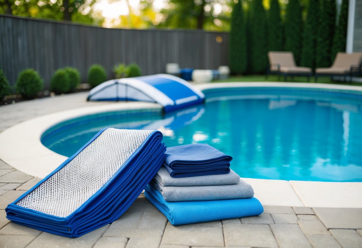 A backyard pool with a variety of pool cover options displayed nearby, including solar, mesh, and solid covers, with a focus on safety and maintenance considerations