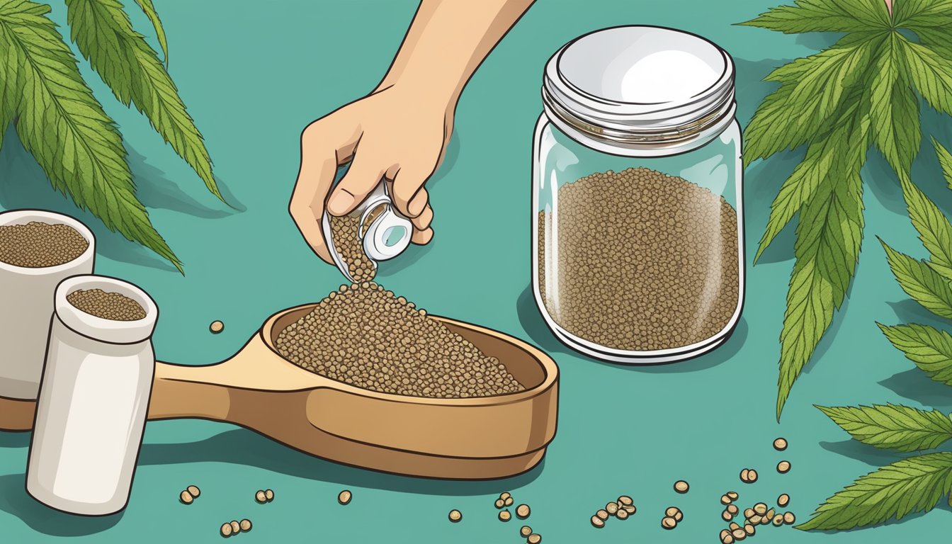 A hand pouring Nutiva organic hemp seeds into a glass jar