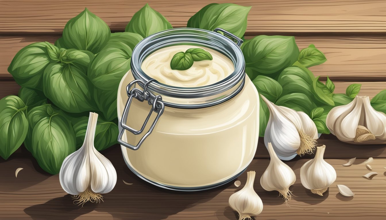 A jar of Rao's Roasted Garlic Alfredo Sauce surrounded by fresh garlic cloves and a sprig of basil on a rustic wooden table