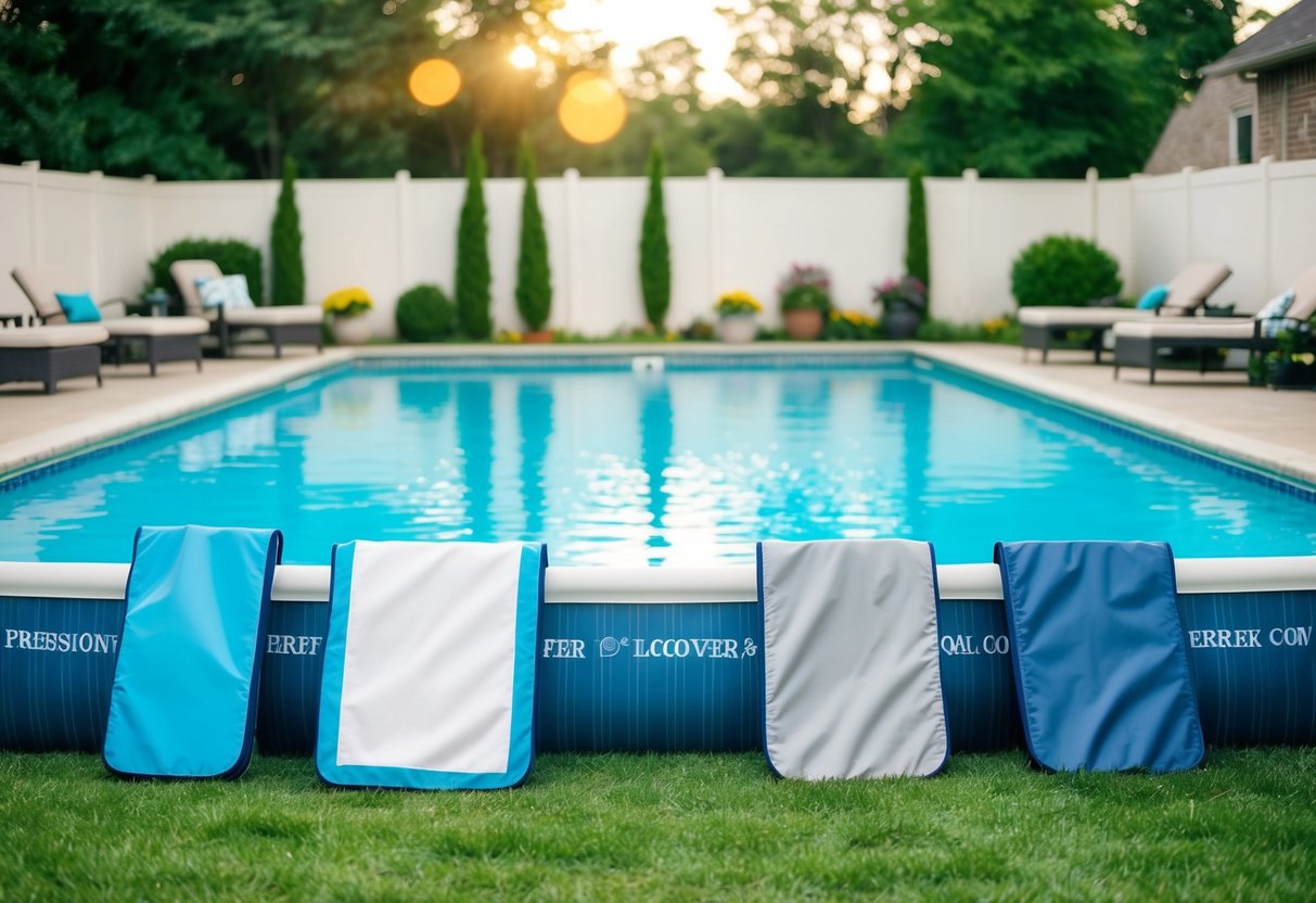 A backyard pool with different types of pool covers displayed around it, showcasing options for seasonal needs