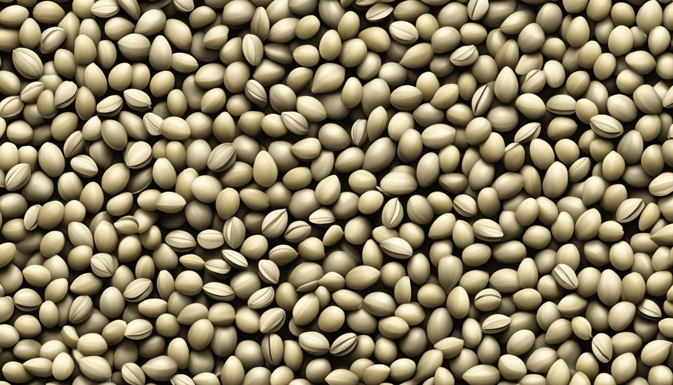 A pile of raw shelled hemp seeds surrounded by other seeds for comparison