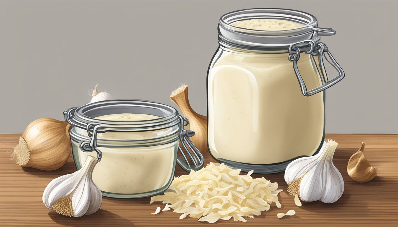 A jar of Rao's Homemade Roasted Garlic Alfredo Sauce surrounded by fresh garlic cloves, cream, and Parmesan cheese