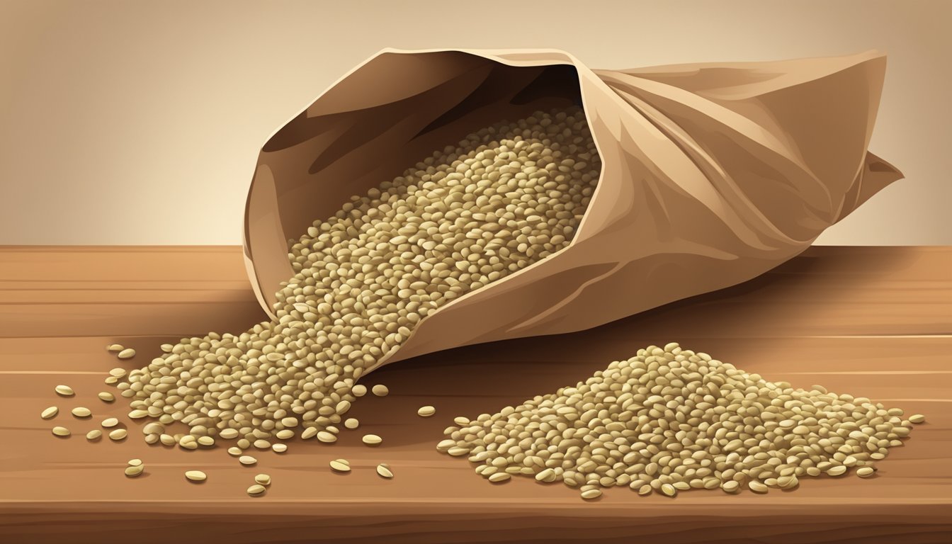 A close-up of a pile of raw shelled hemp seeds spilling out of a brown paper bag onto a wooden cutting board