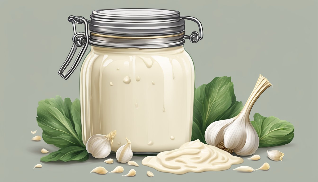 A jar of Rao's Homemade Roasted Garlic Alfredo Sauce surrounded by fresh garlic bulbs and creamy white sauce dripping from a spoon