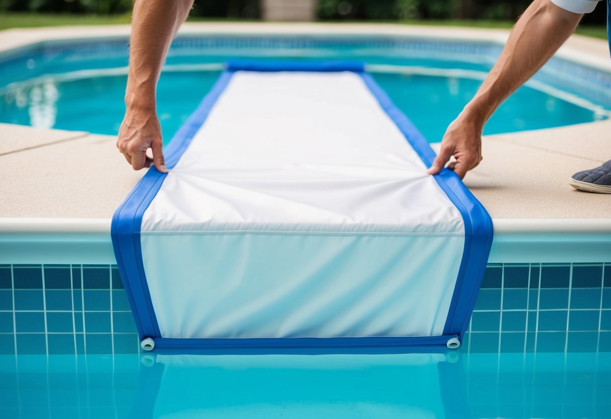 A pool cover being carefully unfolded and spread over the surface of a clean and clear swimming pool, with the edges being securely fastened to the pool's perimeter