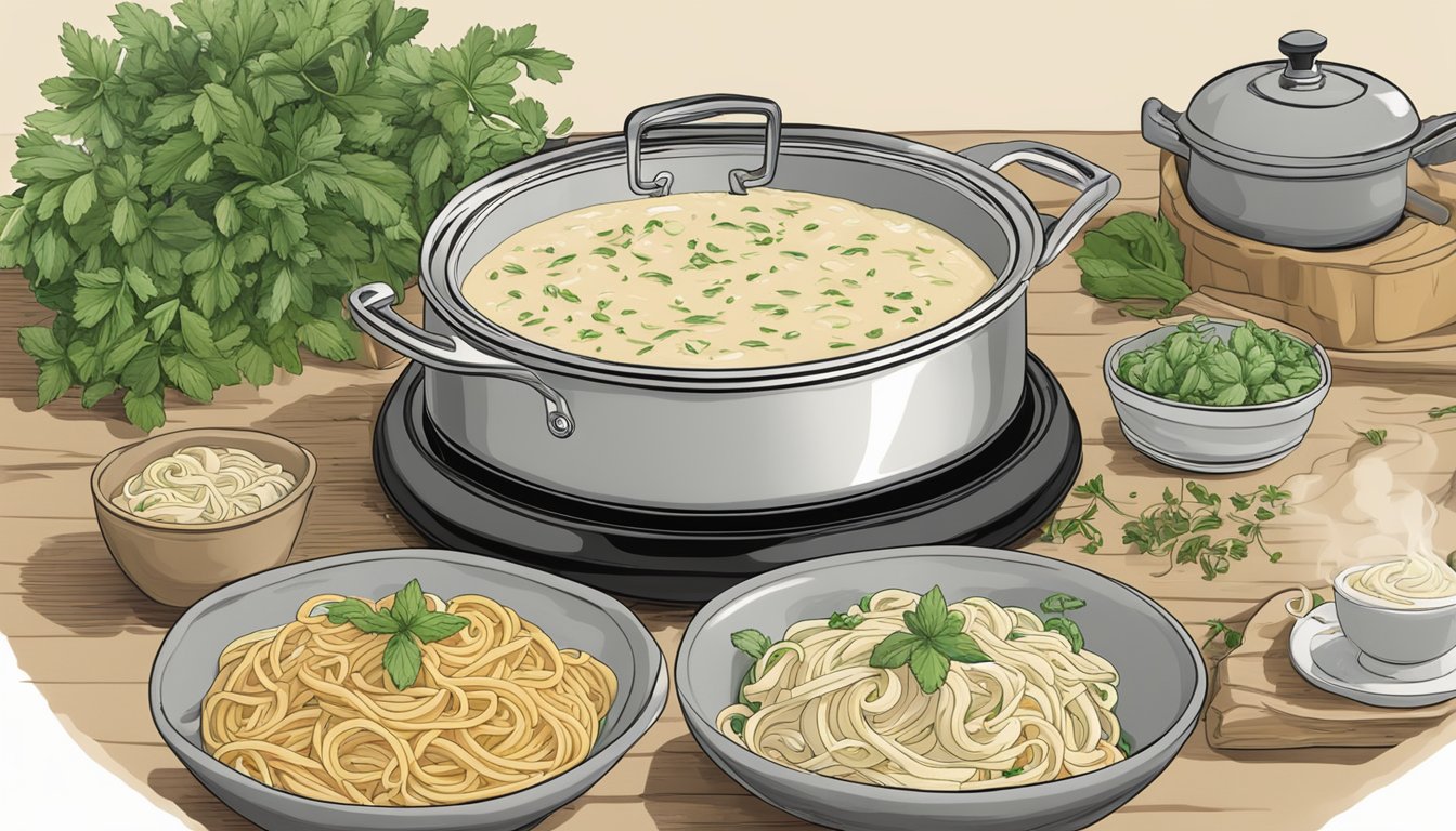 A steaming pot of Rao's homemade roasted garlic alfredo sauce simmers on a stove, surrounded by fresh herbs and a bowl of pasta