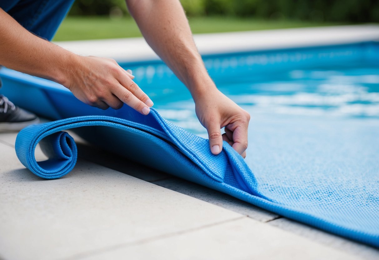 A pool cover being carefully cleaned and inspected for any signs of wear or damage, with a focus on following the manufacturer's warranty and care instructions