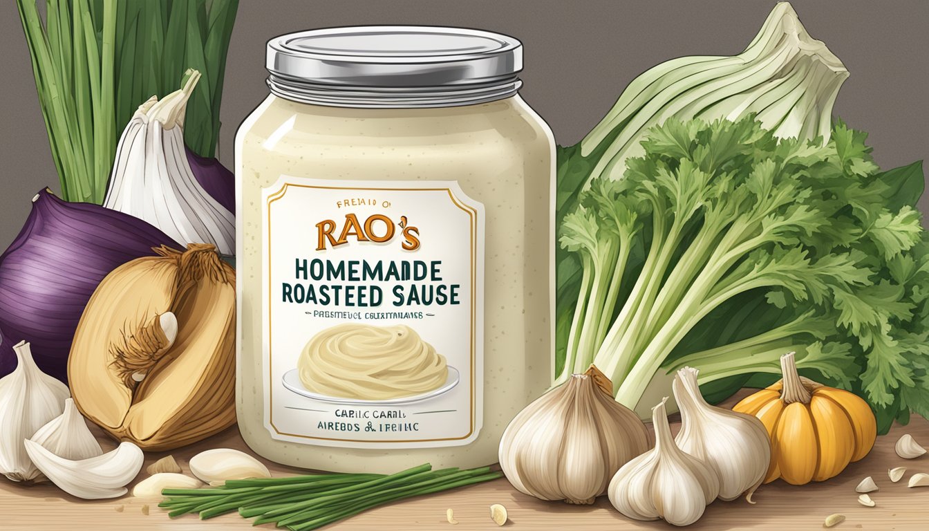 A jar of Rao's Homemade Roasted Garlic Alfredo sauce surrounded by fresh ingredients like garlic, cream, and Parmesan cheese, with a label indicating "Special Dietary Considerations."