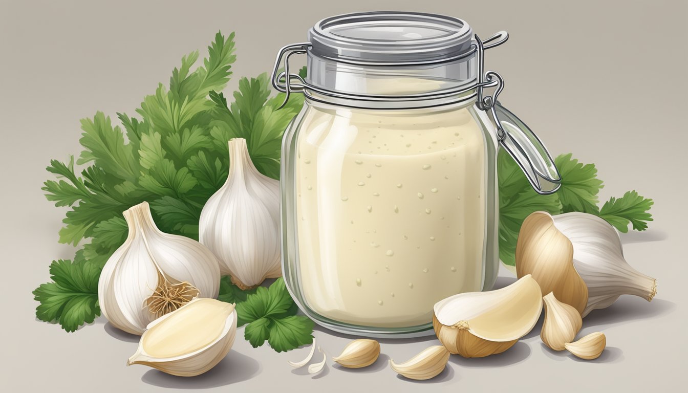 A jar of homemade roasted garlic alfredo sauce surrounded by fresh garlic cloves, herbs, and a pot of boiling water