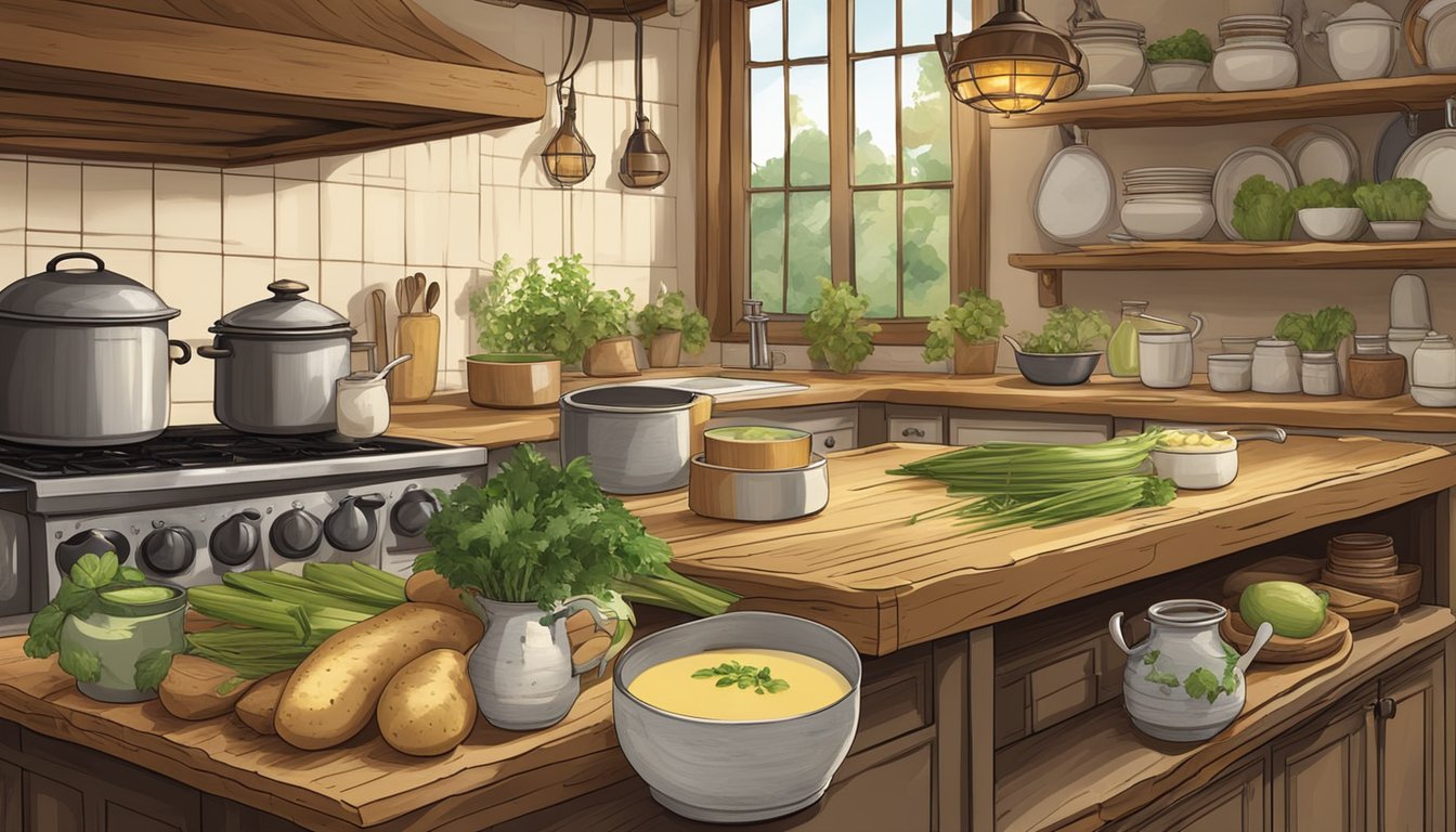 A rustic kitchen with a bubbling pot of creamy potato leek soup, surrounded by fresh organic ingredients and a warm, inviting atmosphere