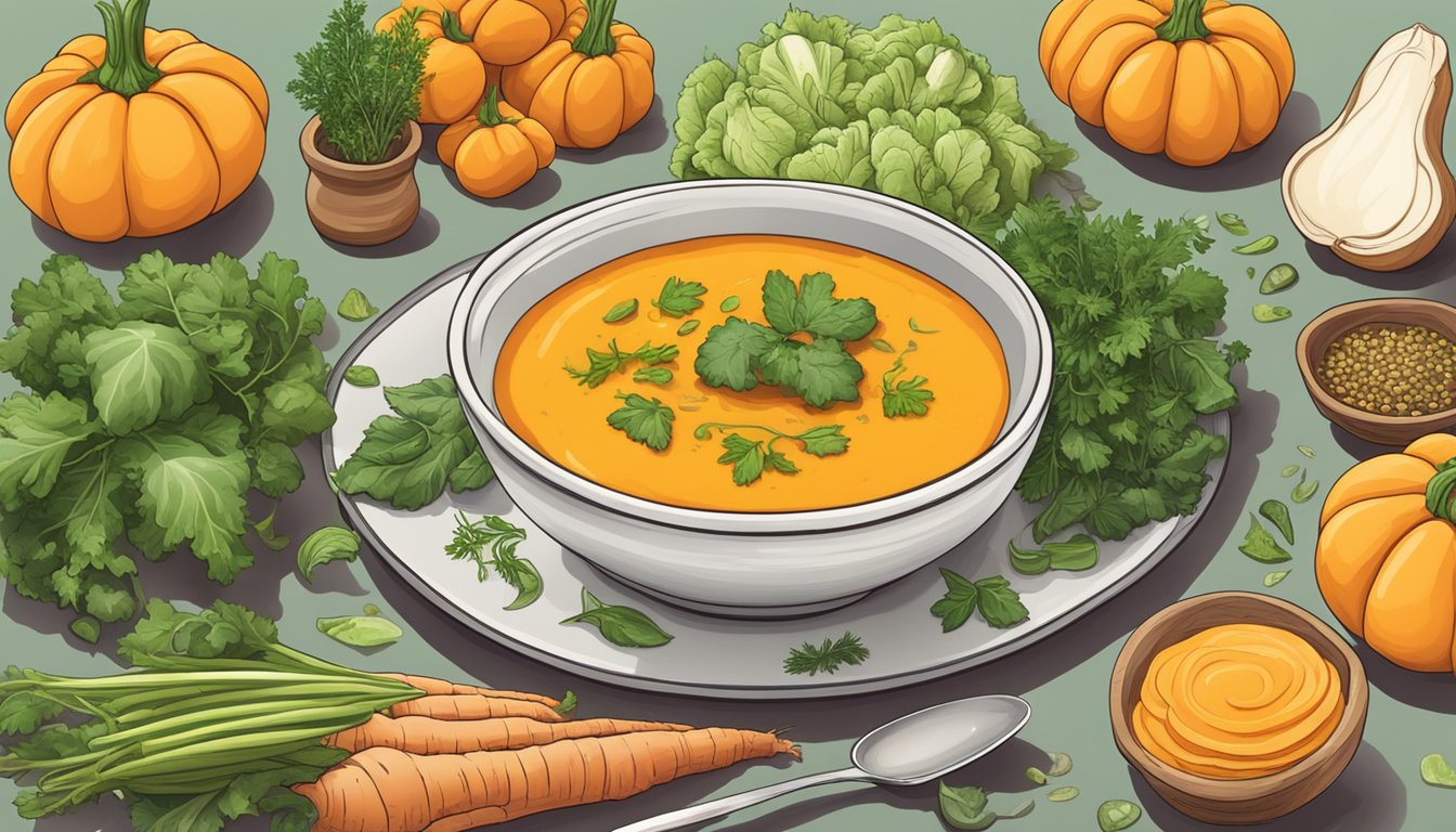 A steaming bowl of butternut squash soup surrounded by fresh, vibrant vegetables and herbs