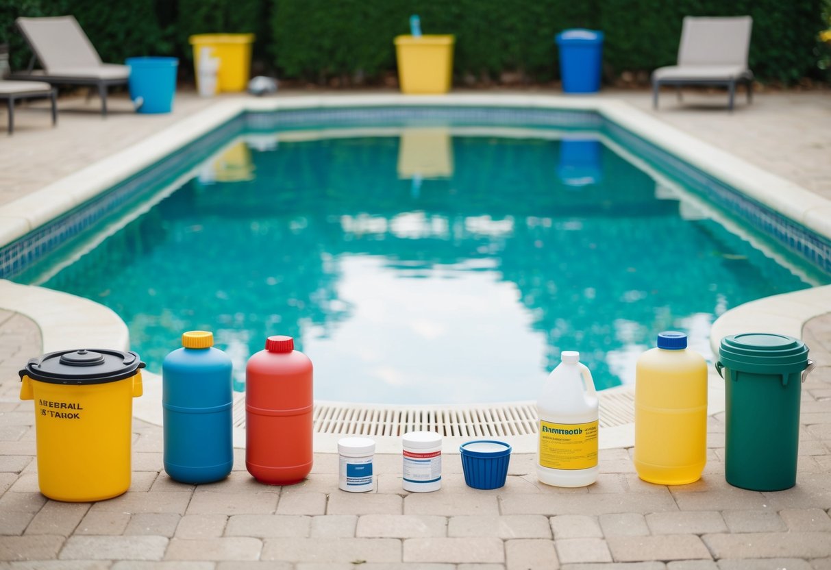 A clear swimming pool with algae-free water, surrounded by chemical treatment containers and equipment