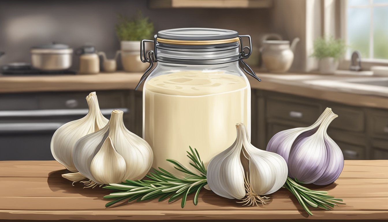 A jar of Rao's homemade roasted garlic alfredo sauce surrounded by fresh garlic bulbs and sprigs of rosemary on a rustic kitchen table