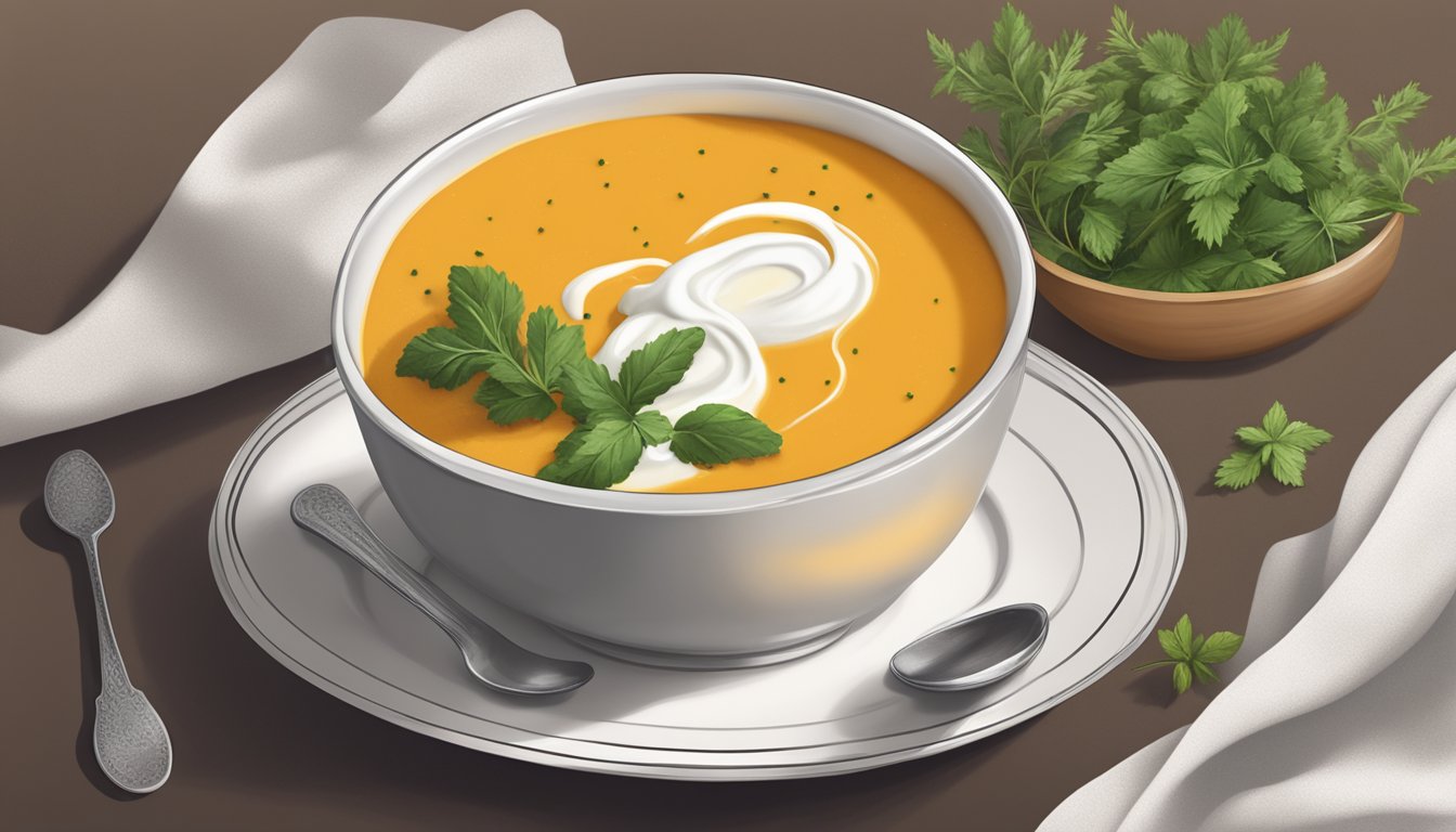 A steaming bowl of velvety butternut squash soup with a dollop of cream, garnished with fresh herbs and cracked black pepper