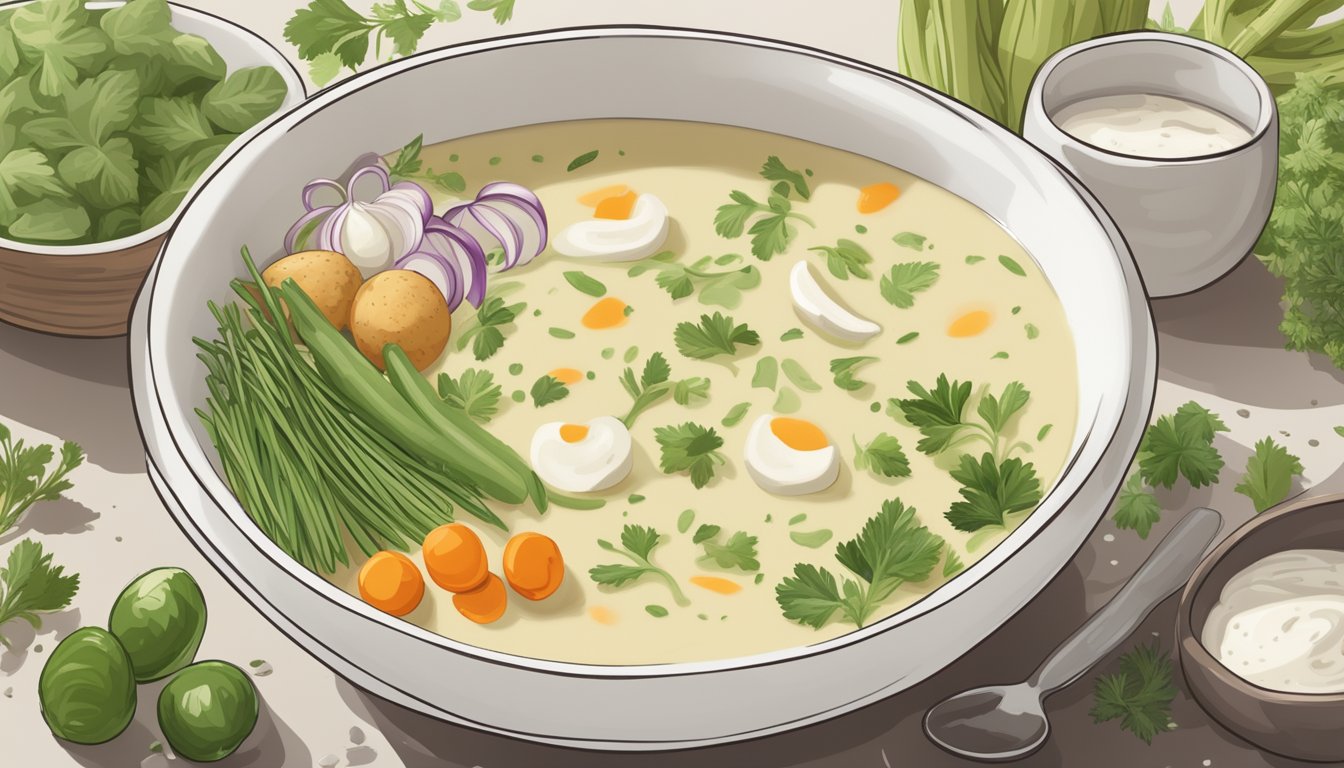 A steaming bowl of creamy potato leek soup surrounded by fresh organic vegetables and herbs, with a clear list of allergen information displayed nearby