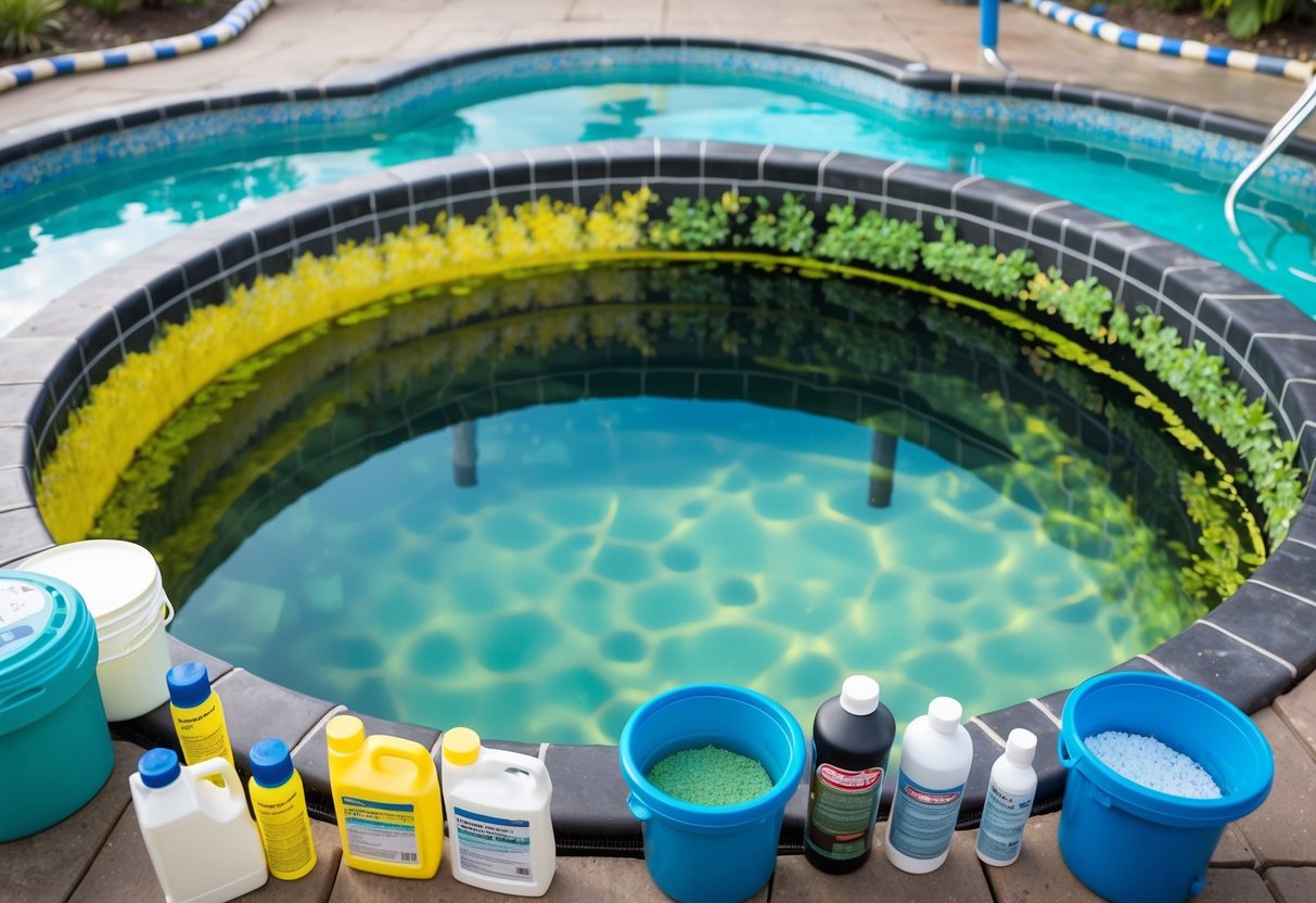 A pool with different types of algae growth, including green, yellow, and black, surrounded by various chemical balancing products and equipment