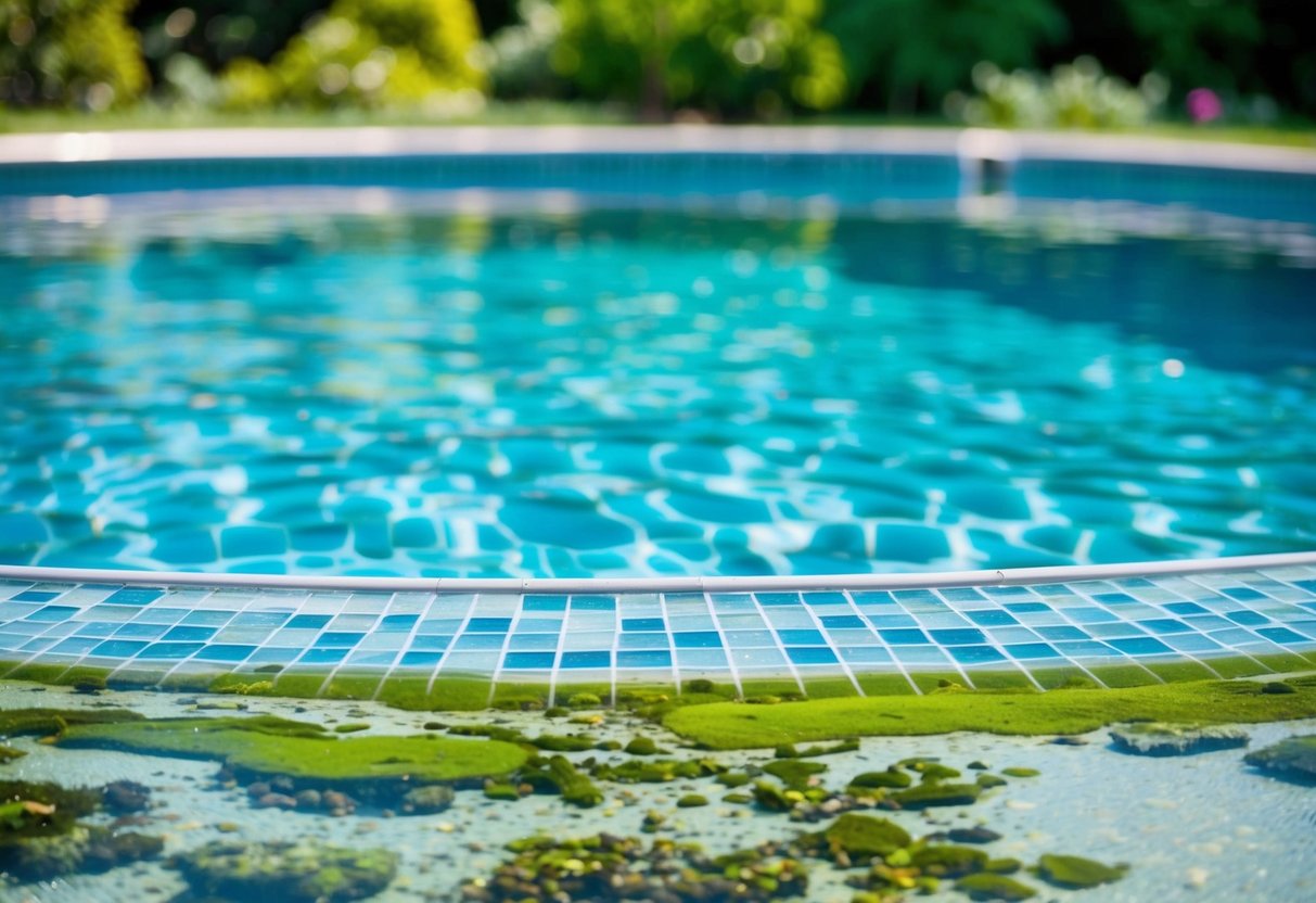 A sparkling pool with crystal clear water, surrounded by lush greenery. Different types of algae are visible on the pool walls and floor