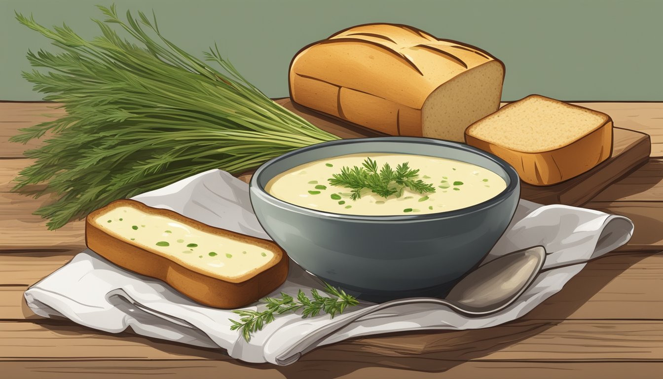 A rustic wooden table set with a steaming bowl of creamy potato leek soup, accompanied by a crusty loaf of bread and a sprig of fresh herbs