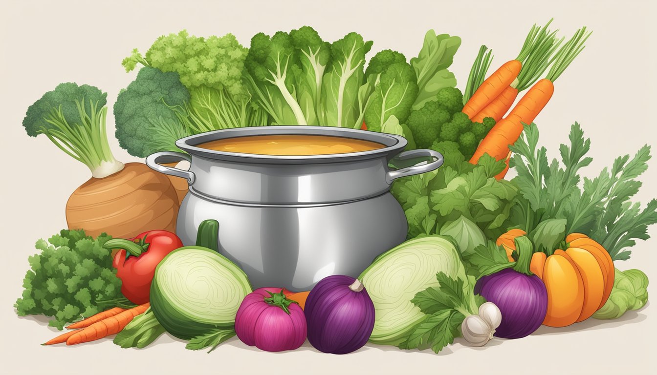 A steaming pot of organic low sodium vegetable broth surrounded by fresh, colorful vegetables and herbs