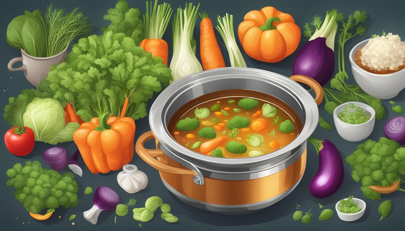 A steaming pot of organic low sodium vegetable broth surrounded by fresh, colorful vegetables and herbs