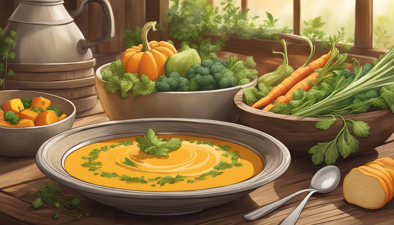 A rustic wooden table with a steaming bowl of creamy butternut squash soup surrounded by fresh, colorful organic vegetables and herbs