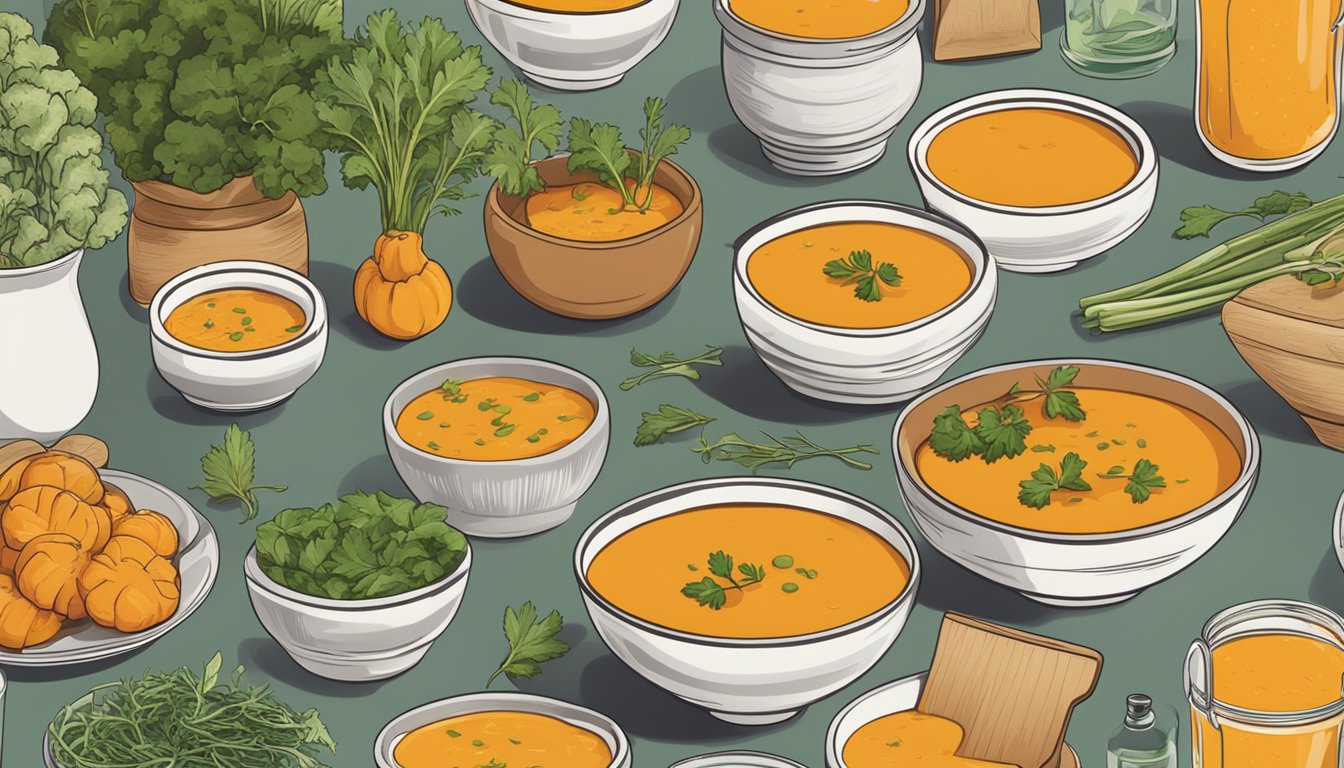 A table with bowls of butternut squash soup surrounded by fresh vegetables and herbs, next to jars of different brands