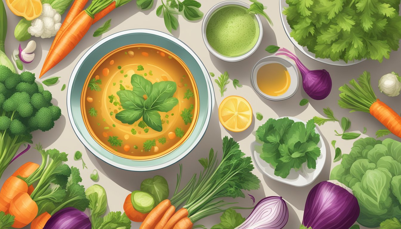 A steaming bowl of organic low sodium vegetable broth surrounded by vibrant, fresh vegetables and herbs, with a clear, clean appearance