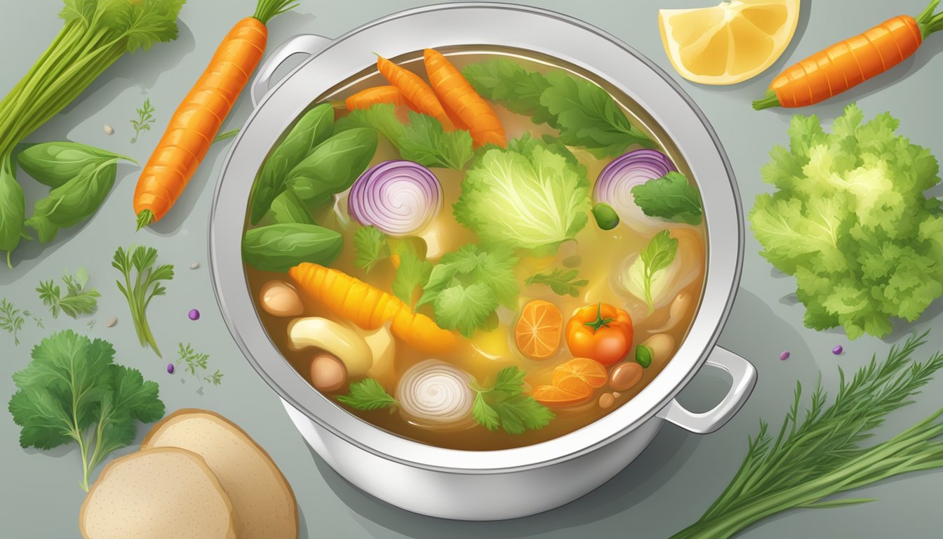 A simmering pot of organic low sodium vegetable broth with aromatic herbs and colorful vegetables floating in the liquid