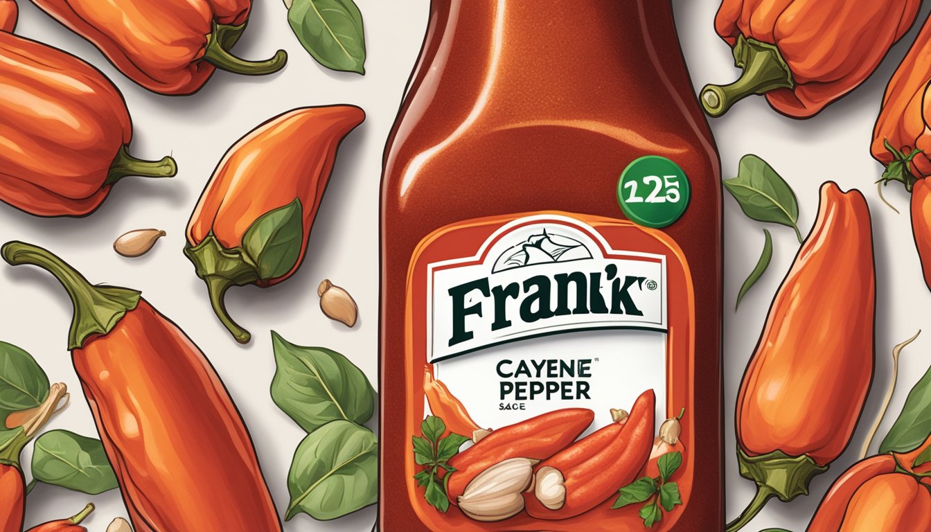 A bottle of Frank's RedHot Original Cayenne Pepper Sauce surrounded by cayenne peppers and garlic cloves, with a hint of smoke in the background