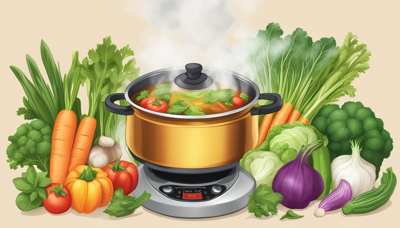 A steaming pot of organic low sodium vegetable broth simmering on a stovetop, surrounded by fresh, colorful vegetables and herbs