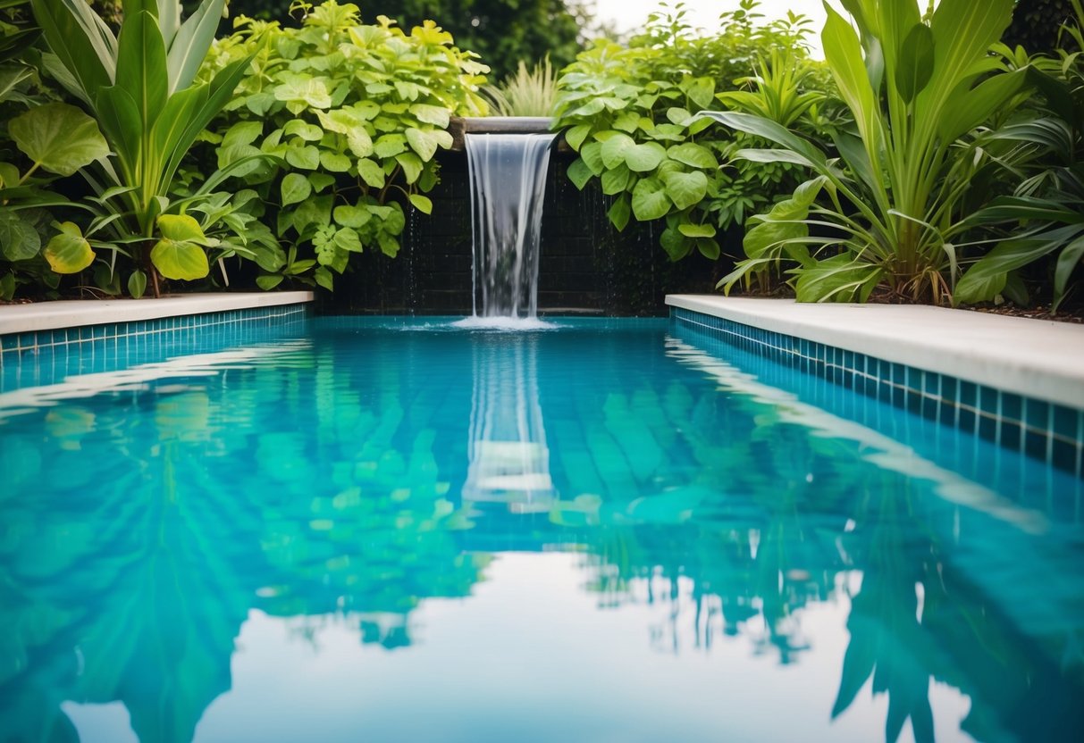 A clear swimming pool surrounded by lush green plants, with a gentle waterfall flowing into the water. The surface is free of algae, showing the effectiveness of natural prevention methods