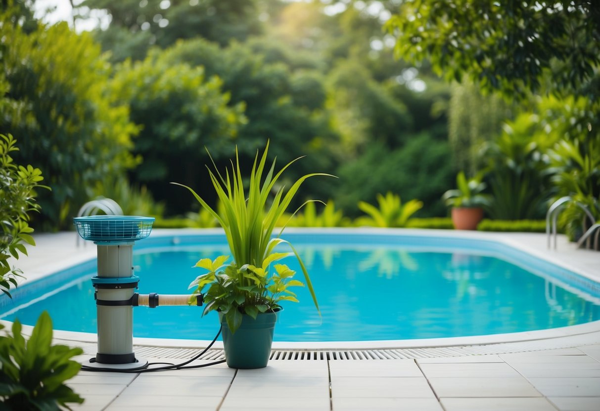 A serene swimming pool surrounded by lush greenery, with natural algae prevention solutions such as aquatic plants and aeration equipment in place