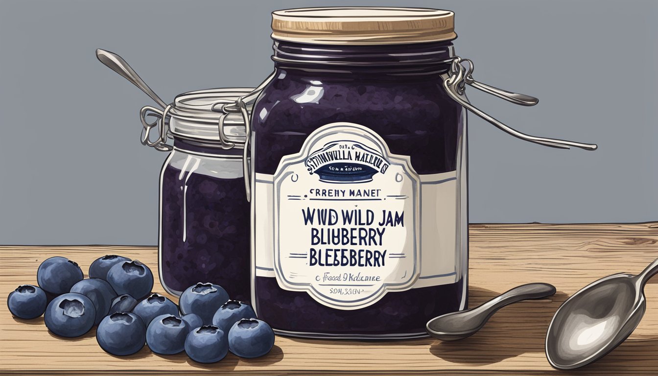 A rustic kitchen table with a jar of Stonewall Kitchen Wild Maine Blueberry Jam surrounded by fresh blueberries and a vintage spoon