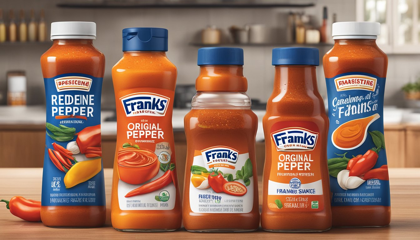 A bottle of Franks RedHot Original Cayenne Pepper Sauce surrounded by various flavor variations on a kitchen counter