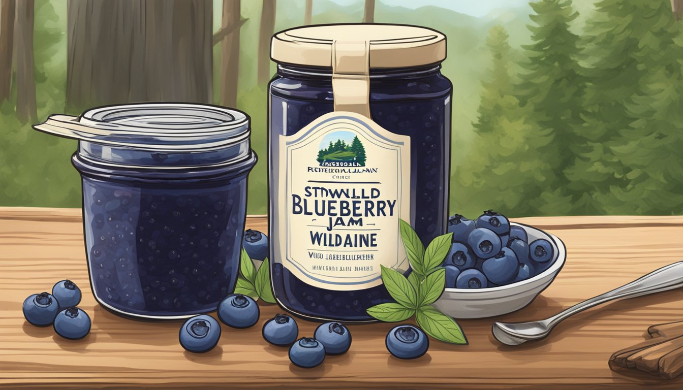 A rustic jar of Stonewall Kitchen Wild Maine Blueberry Jam surrounded by freshly picked wild Maine blueberries on a wooden table