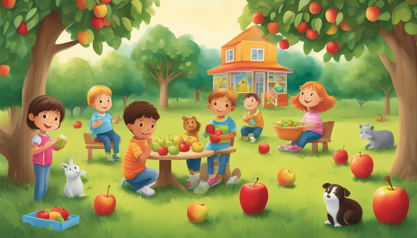 A child-friendly scene with a variety of apple trees, colorful gogo squeez applesauce pouches, and playful animals enjoying the on-the-go snacks