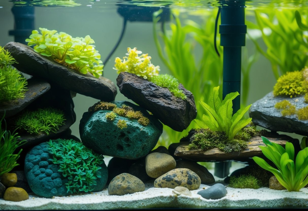 A clear aquarium with various types of algae growing on rocks and surfaces, with a strong water circulation system keeping the algae in motion