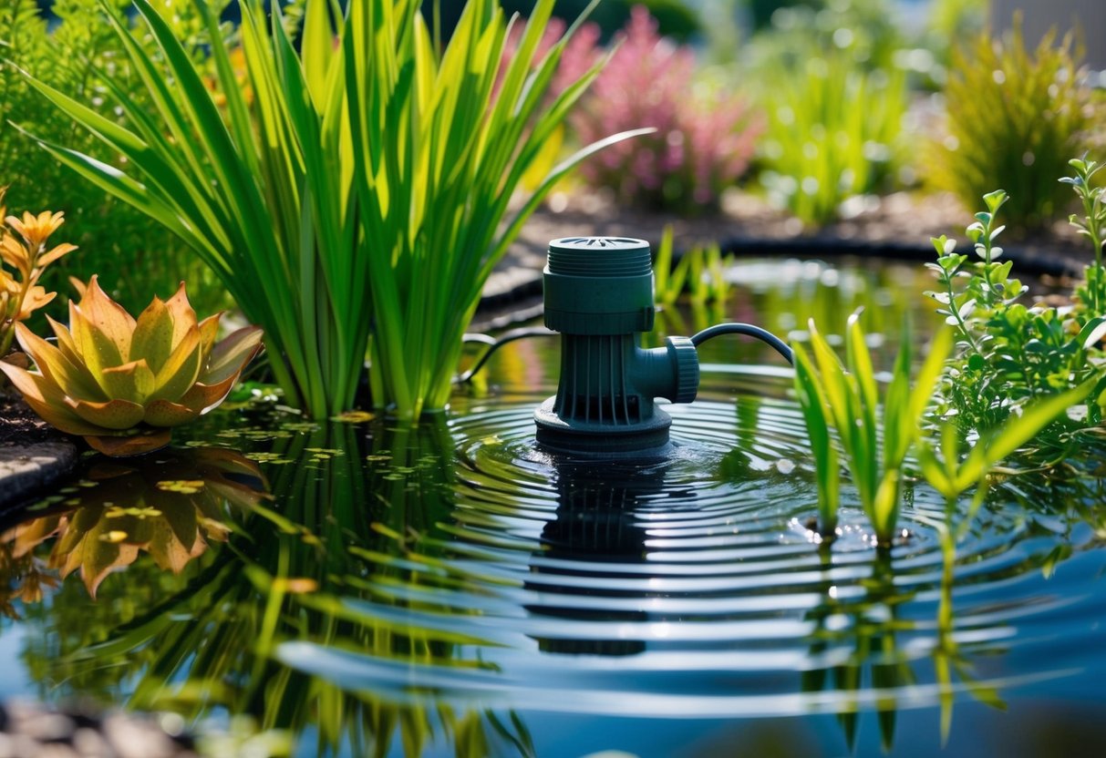 A pond with a variety of aquatic plants and a water pump creating ripples on the surface, promoting water circulation to control algae growth