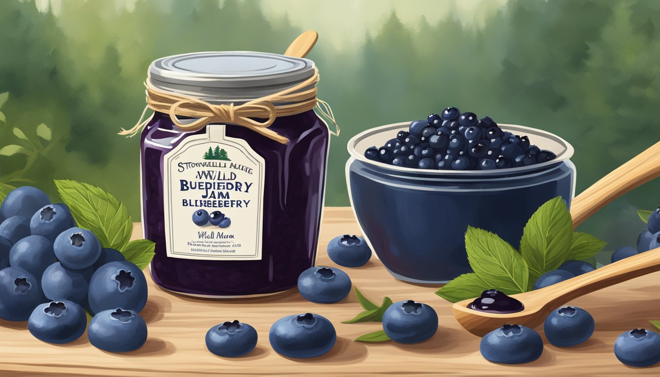 A jar of Stonewall Kitchen Wild Maine Blueberry Jam surrounded by fresh blueberries and a rustic wooden spoon