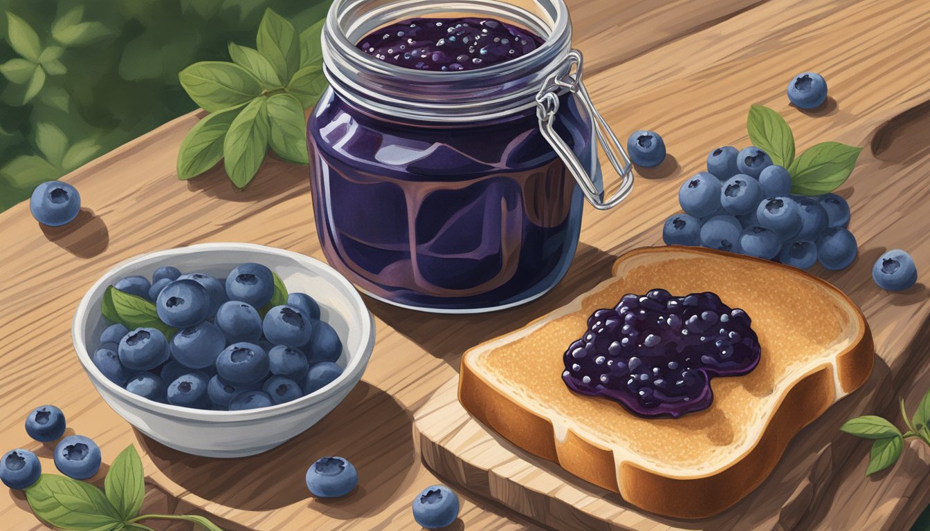 A jar of Stonewall Kitchen Wild Maine Blueberry Jam surrounded by fresh blueberries and a slice of toast on a rustic wooden table