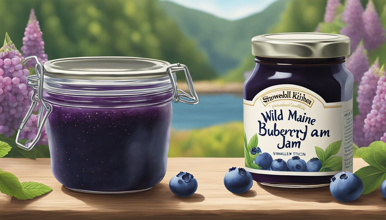 A jar of Stonewall Kitchen Wild Maine Blueberry Jam sits on a rustic wooden table, surrounded by fresh coastal berry patches