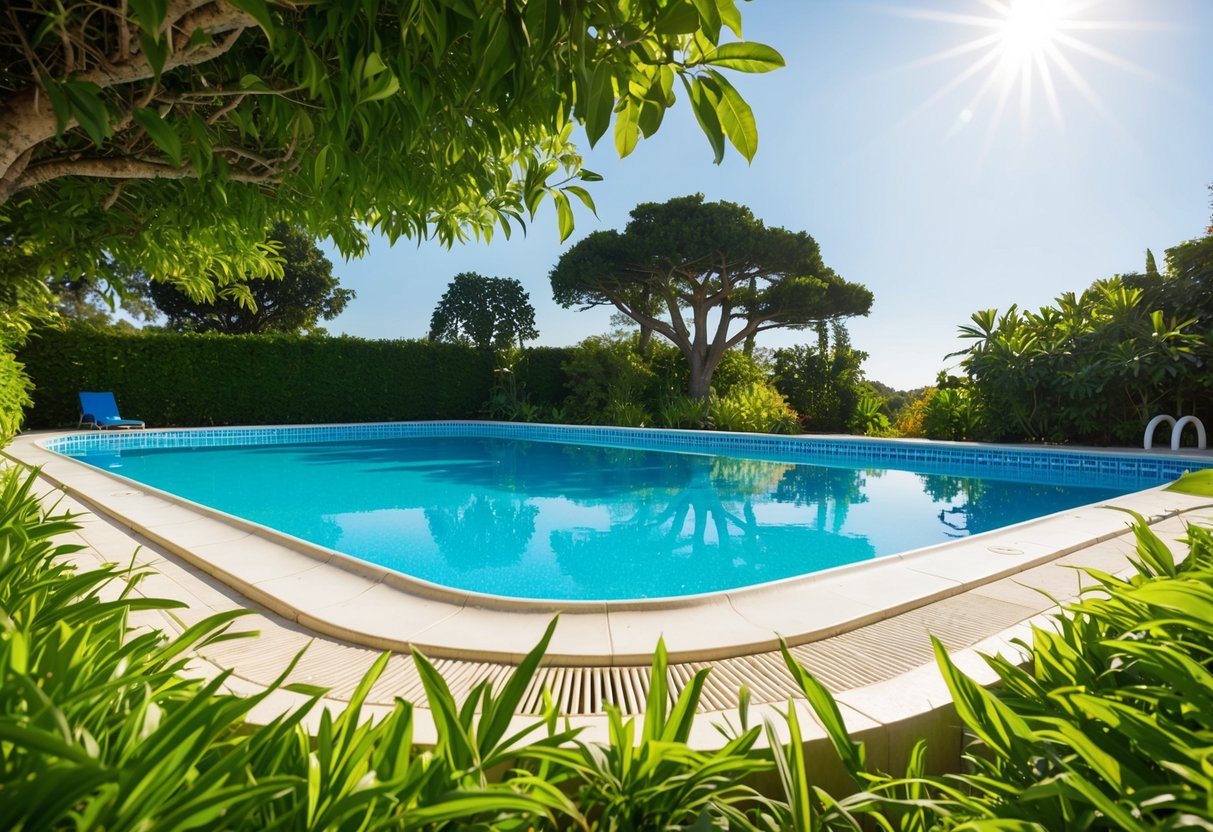 A clear blue swimming pool surrounded by lush greenery under the hot sun, with no signs of algae growth