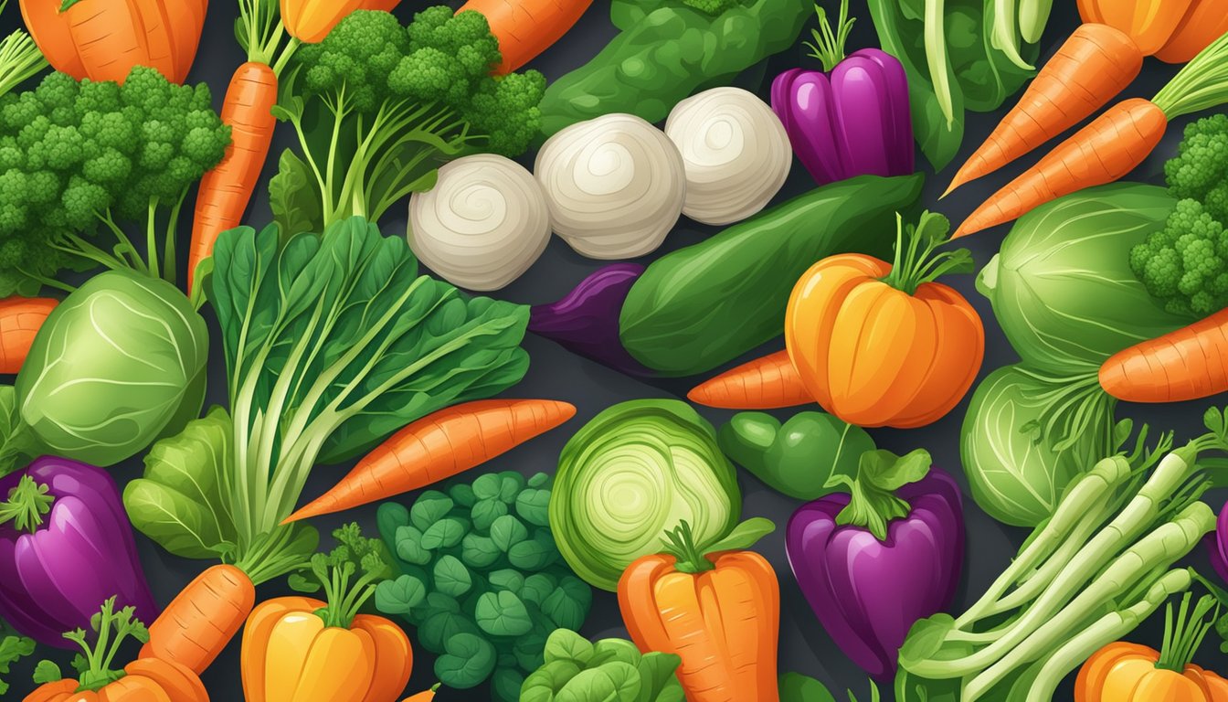 A colorful array of fresh organic vegetables, including carrots, peas, and spinach, arranged in a vibrant and appetizing display