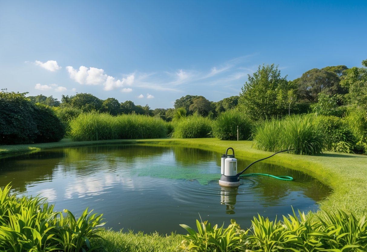 A serene pond surrounded by lush greenery, with a clear blue sky overhead. A small pump aerates the water, while chemical treatments are being applied to control algae growth